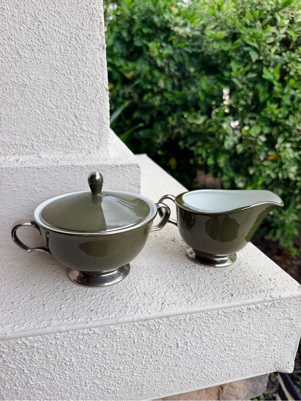 Vintage Sears Forest Damask 3544 Sugar Bowl Creamer Set Japan Olive Green